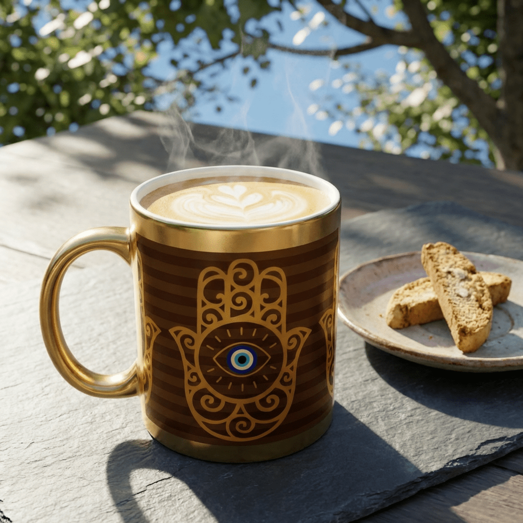 Gold Metallic Mug — Hamsa Hand with Evil Eye Spiritual Protection Design - SANKTUARI DECOR