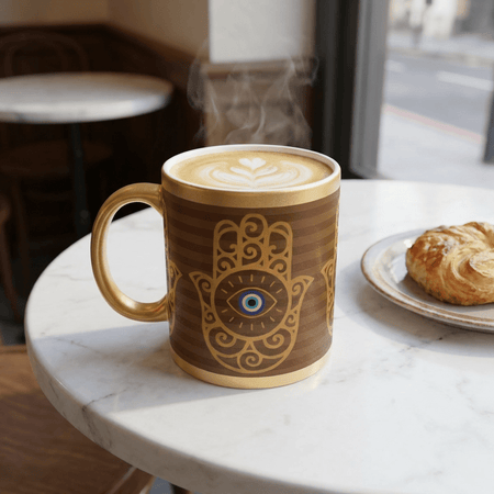 Gold Metallic Mug — Hamsa Hand with Evil Eye Spiritual Protection Design - SANKTUARI DECOR