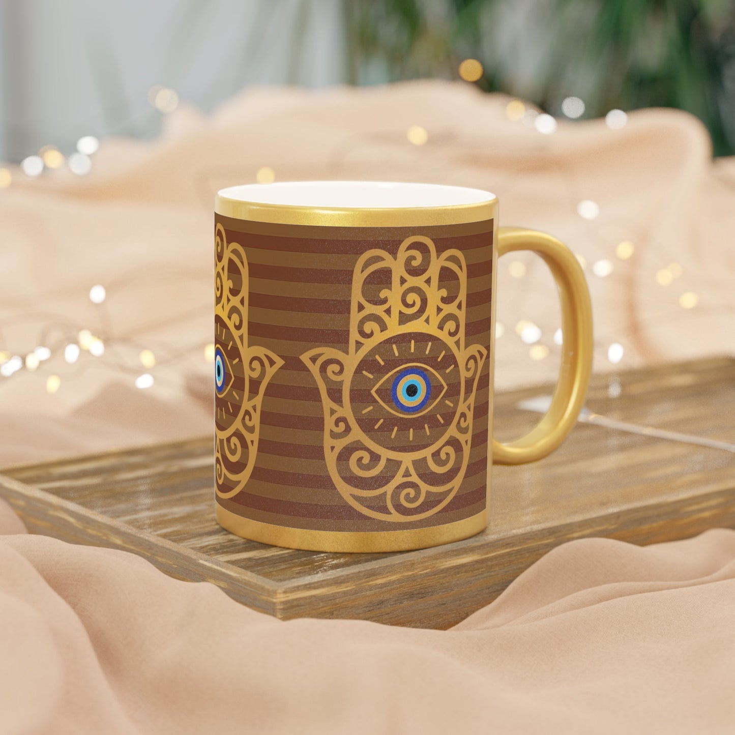 Gold Metallic Mug — Hamsa Hand with Evil Eye Spiritual Protection Design - SANKTUARI DECOR