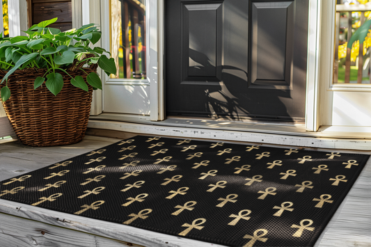Black floor mat with gold ankh symbols at house entrance, next to wicker planter
