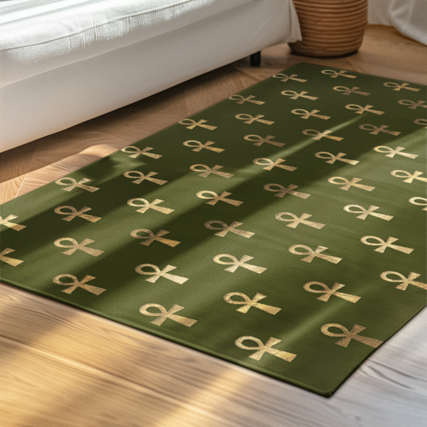 Green floor mat with gold ankh symbols in modern living room with white sofa and plant