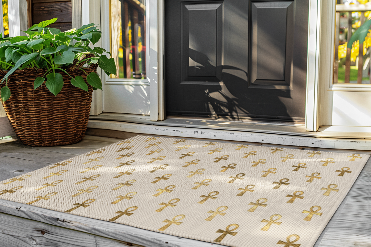 Floor mat with gold ankh pattern at house entrance, black door, wicker plant basket