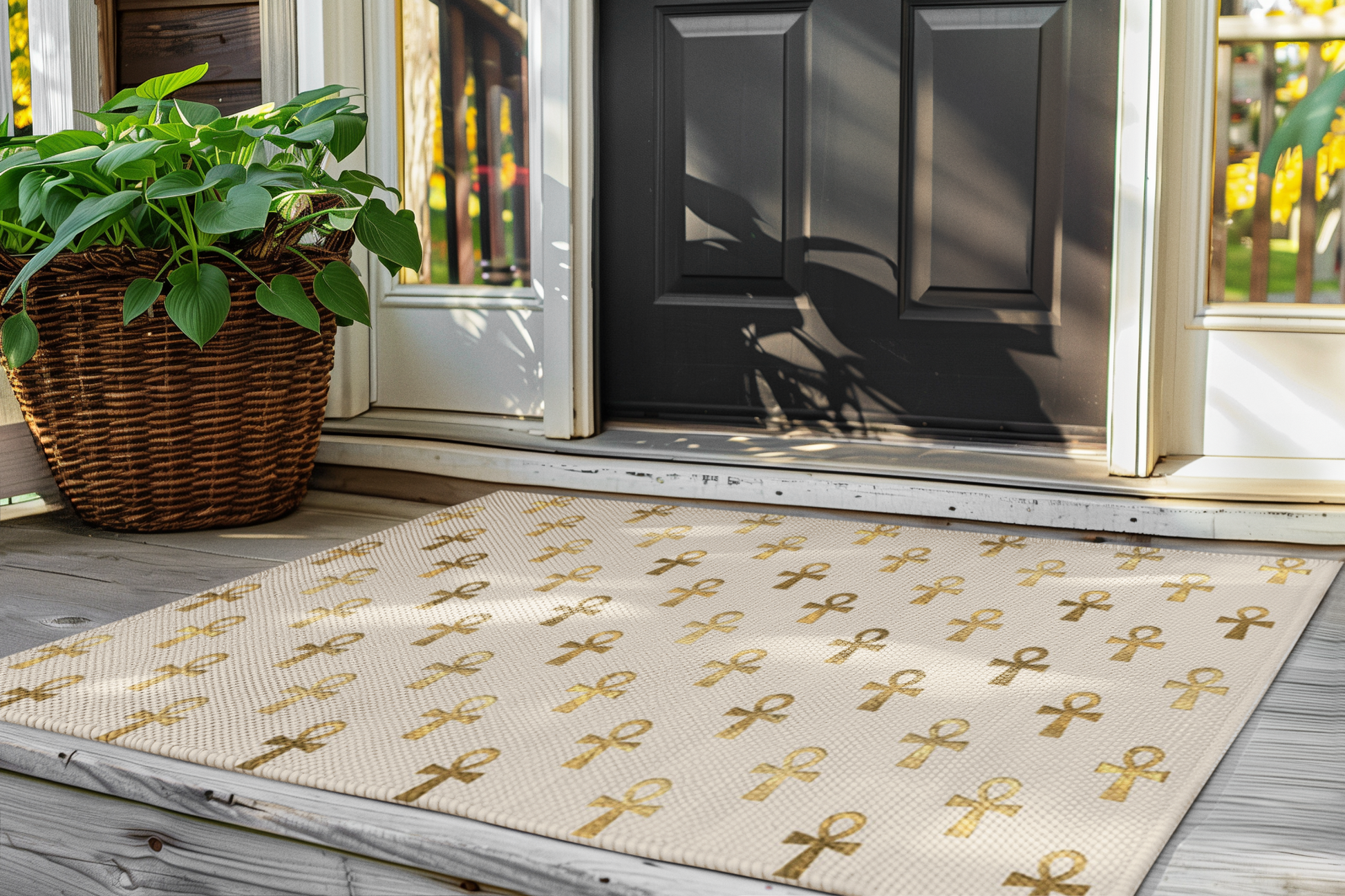Floor mat with gold ankh pattern at house entrance, black door, wicker plant basket