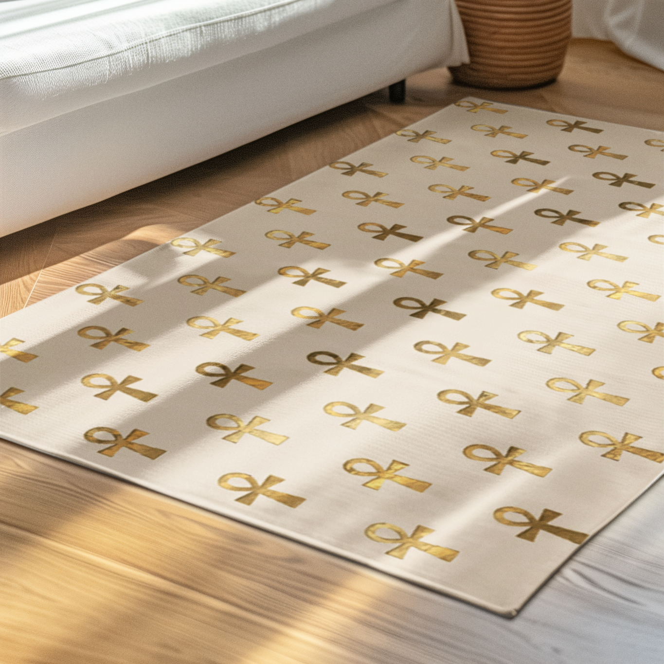Modern living room with white sofa and floor mat featuring gold ankh symbols and sunlight