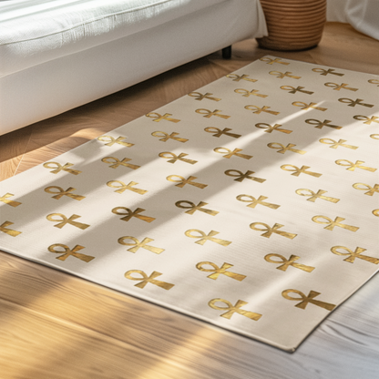 Modern living room with white sofa and floor mat featuring gold ankh symbols and sunlight