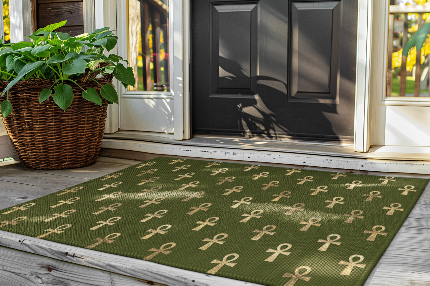 Green floor mat with gold ankh symbols at house entrance, next to wicker basket plant