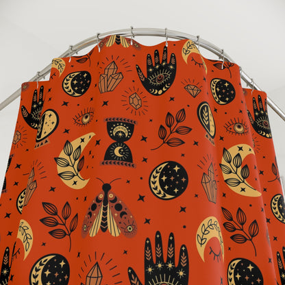 Orange shower curtain with black and yellow mystical pattern on a white background