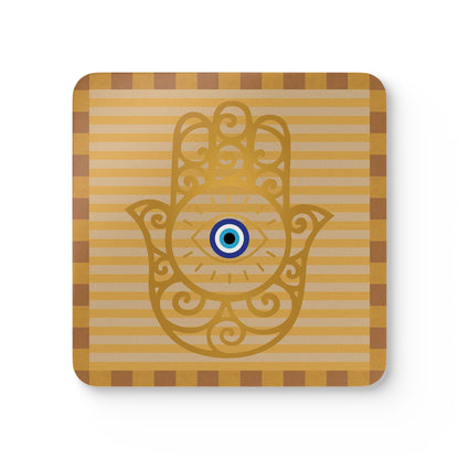 Hamsa Hand with Evil Eye Cork Coaster Set | Protective Symbol Coasters - SANKTUARI DECOR