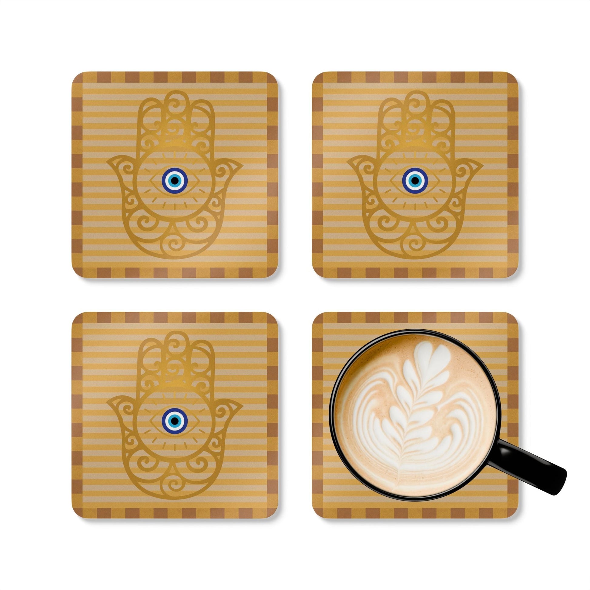 Hamsa Hand with Evil Eye Cork Coaster Set | Protective Symbol Coasters - SANKTUARI DECOR