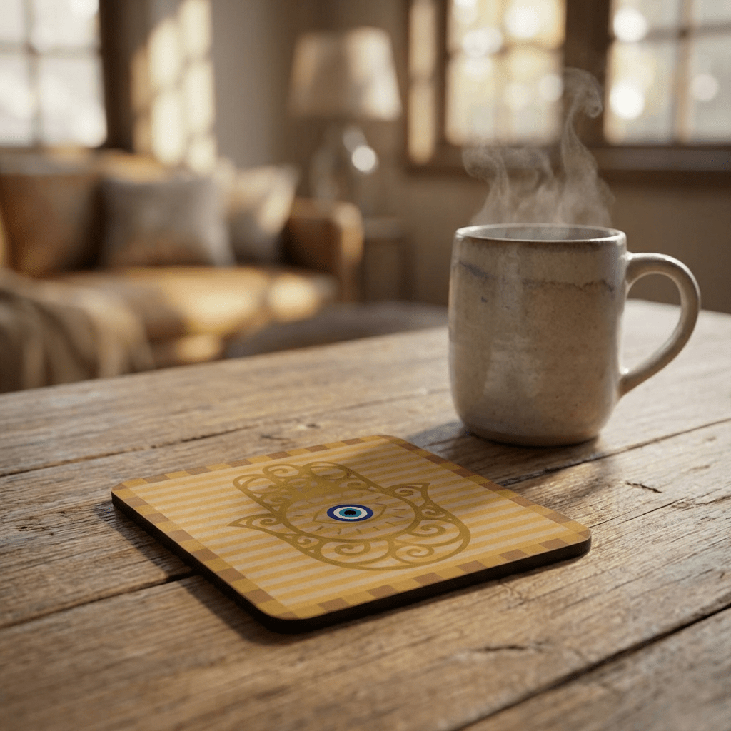 Hamsa Hand with Evil Eye Cork Coaster Set | Protective Symbol Coasters - SANKTUARI DECOR