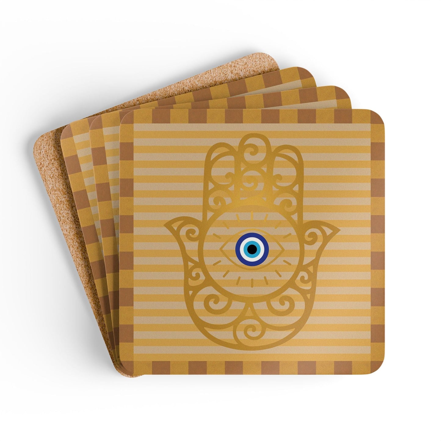 Hamsa Hand with Evil Eye Cork Coaster Set | Protective Symbol Coasters - SANKTUARI DECOR