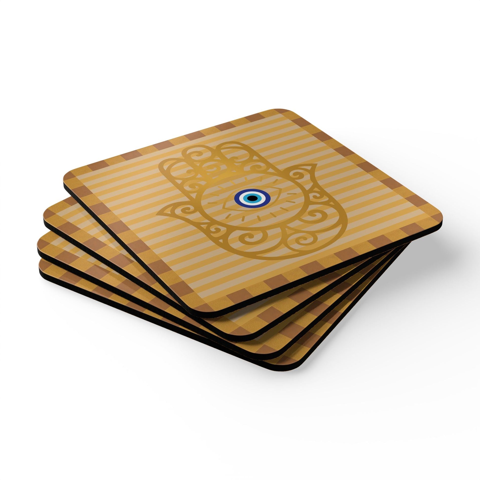 Hamsa Hand with Evil Eye Cork Coaster Set | Protective Symbol Coasters - SANKTUARI DECOR