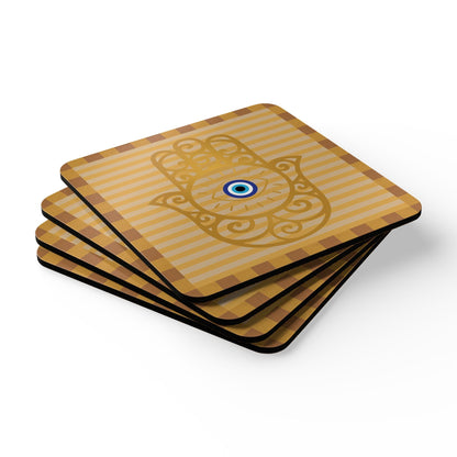 Hamsa Hand with Evil Eye Cork Coaster Set | Protective Symbol Coasters - SANKTUARI DECOR