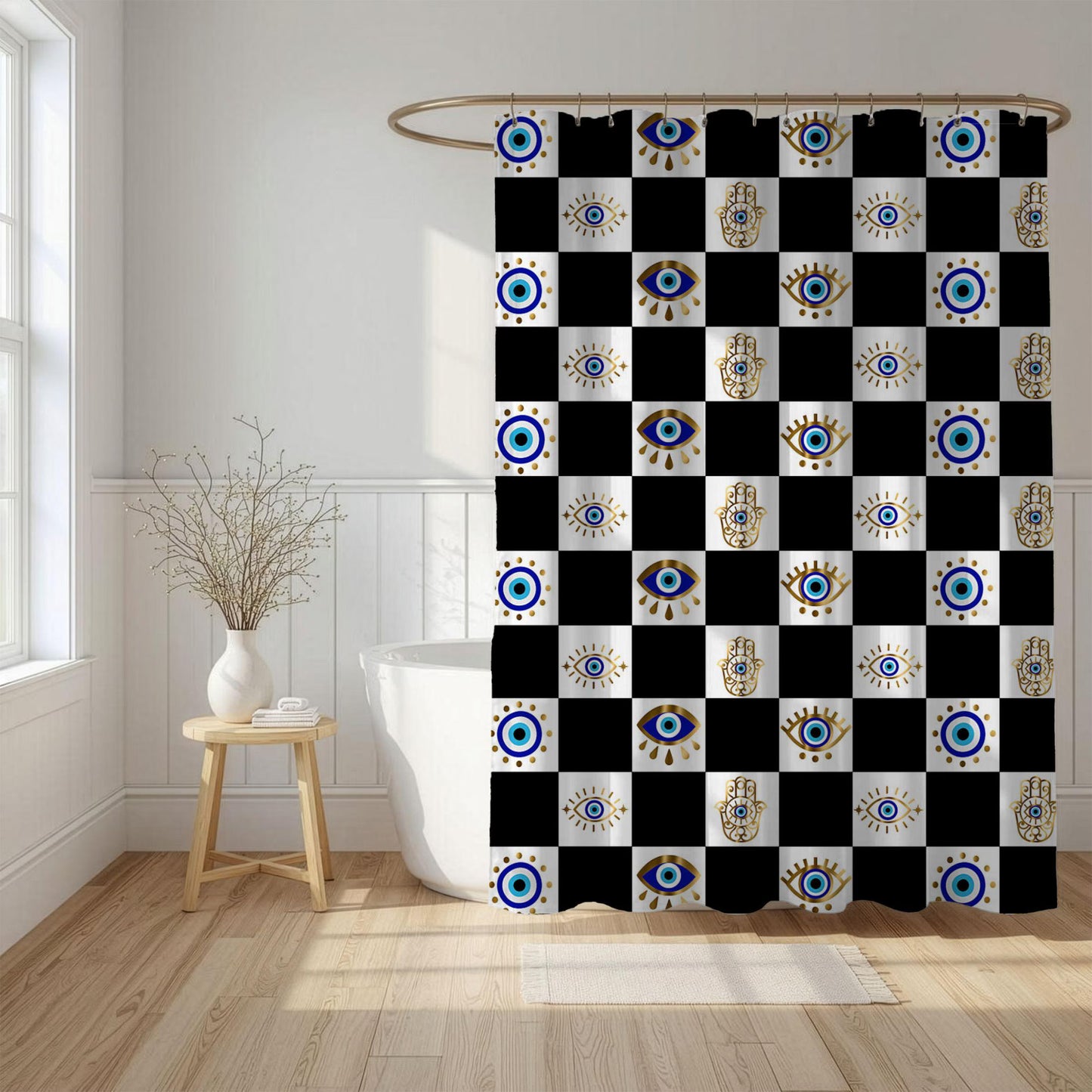 Evil Eye and Hamsa Checkerboard Shower Curtain