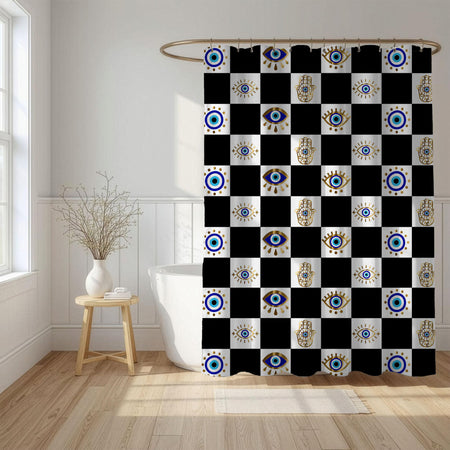 Evil Eye and Hamsa Checkerboard Shower Curtain