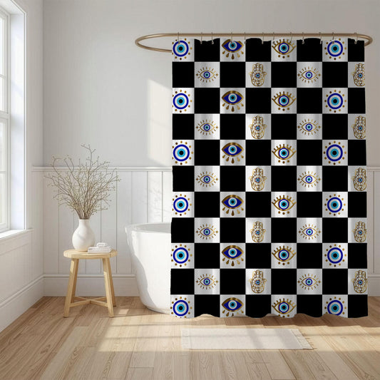 Evil Eye and Hamsa Checkerboard Shower Curtain