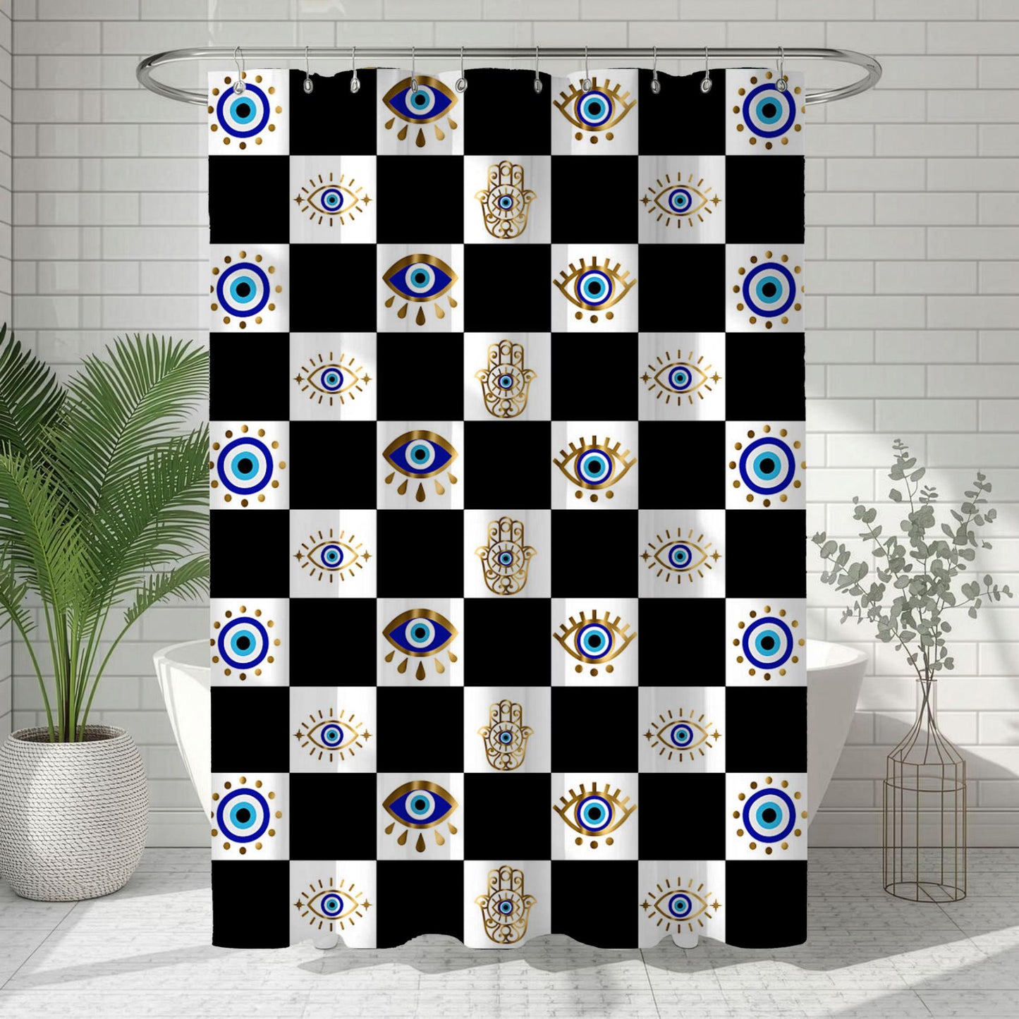 Evil Eye and Hamsa Checkerboard Shower Curtain