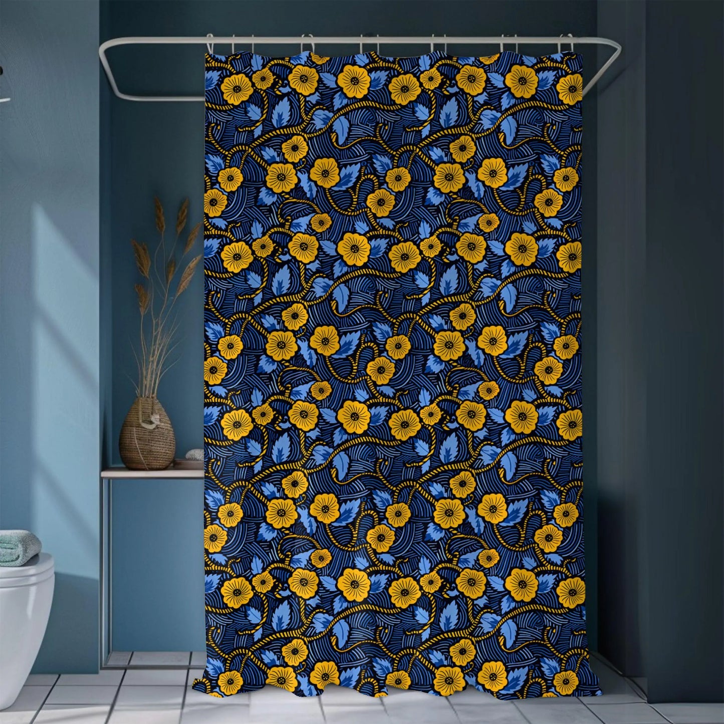 Royal Blue Ankara Wax Floral Shower Curtain