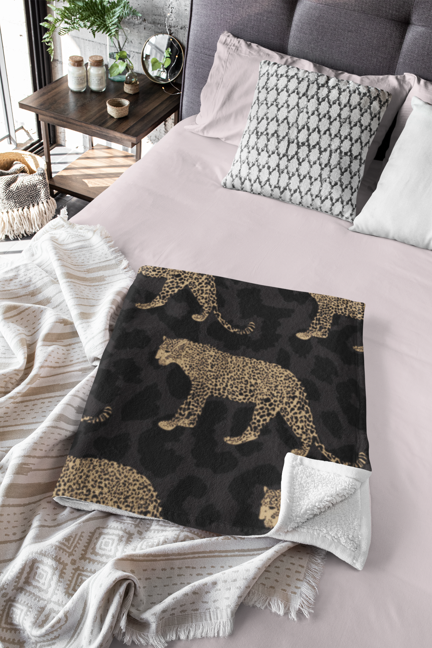 Black Leopard on Leopard Blanket - SANKTUARI DECOR