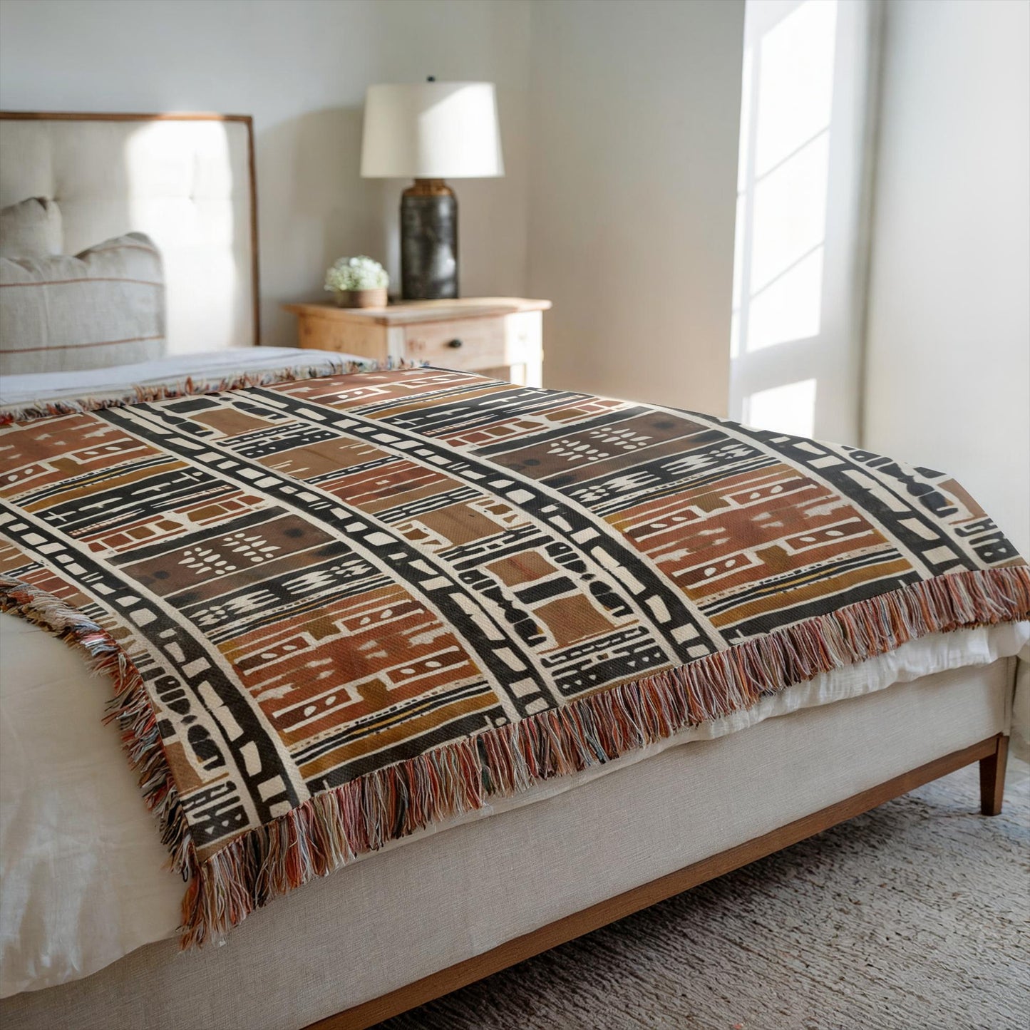 Patterned throw blanket on a bed in a bedroom setting