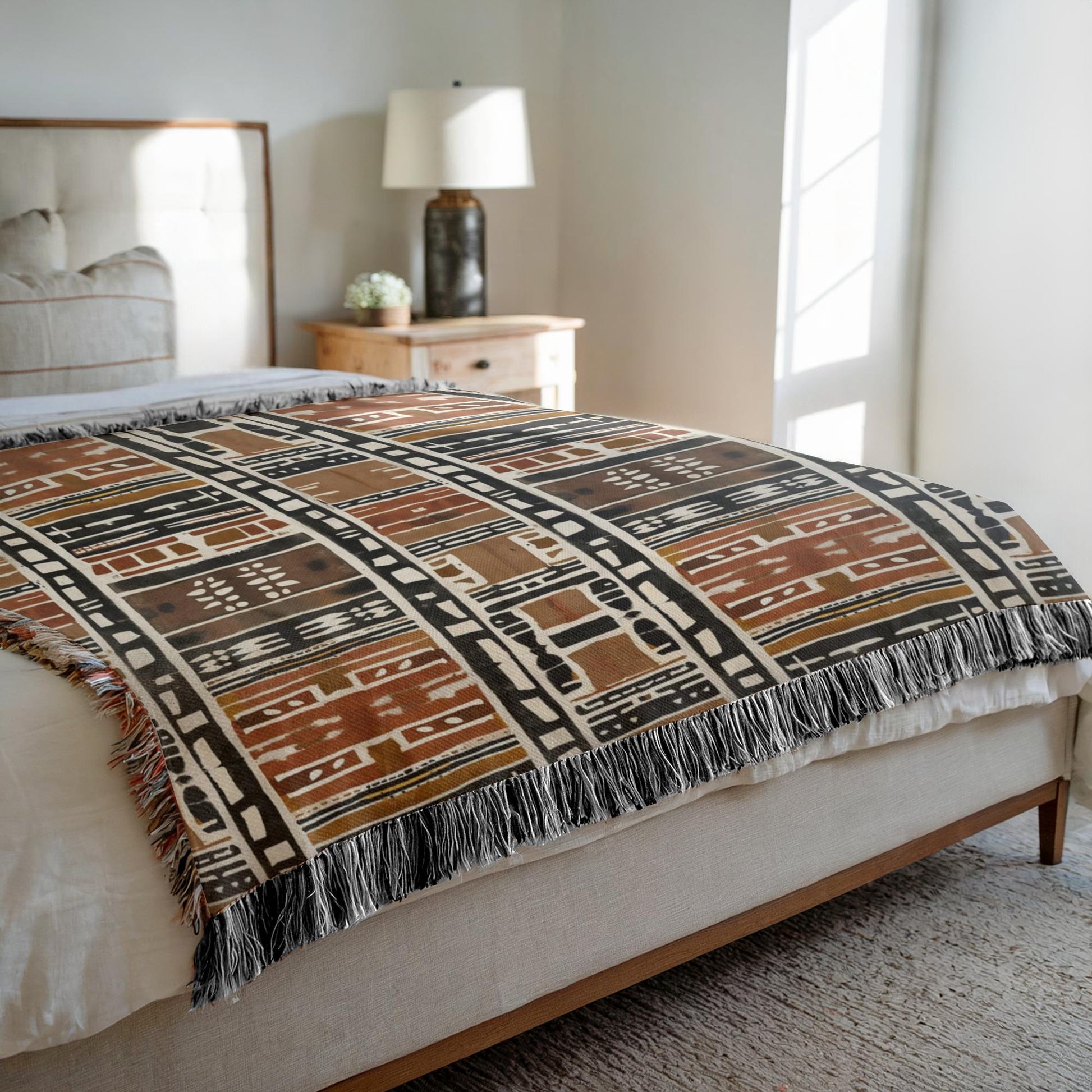 Bedroom with a patterned blanket draped over the bed