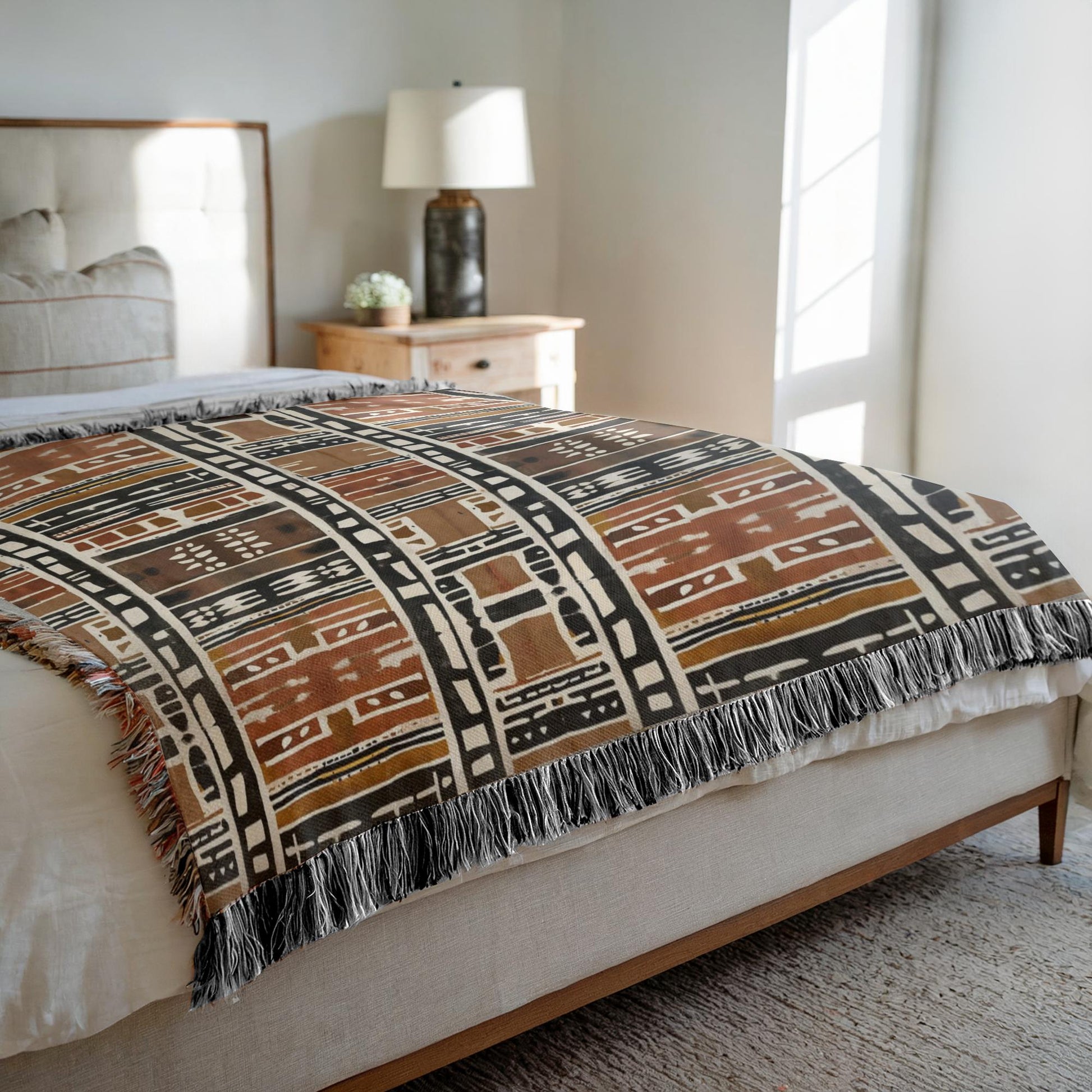 Bedroom with a patterned blanket draped over the bed