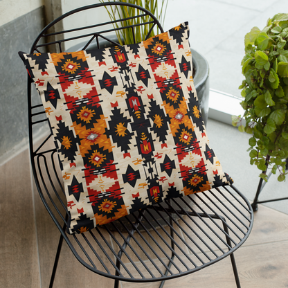 Decorative pillow with geometric pattern on a black wire chair indoors.