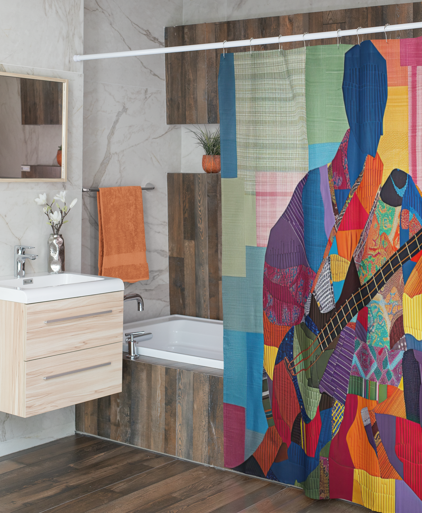 Colorful Patchwork Guitarist Shower Curtain
