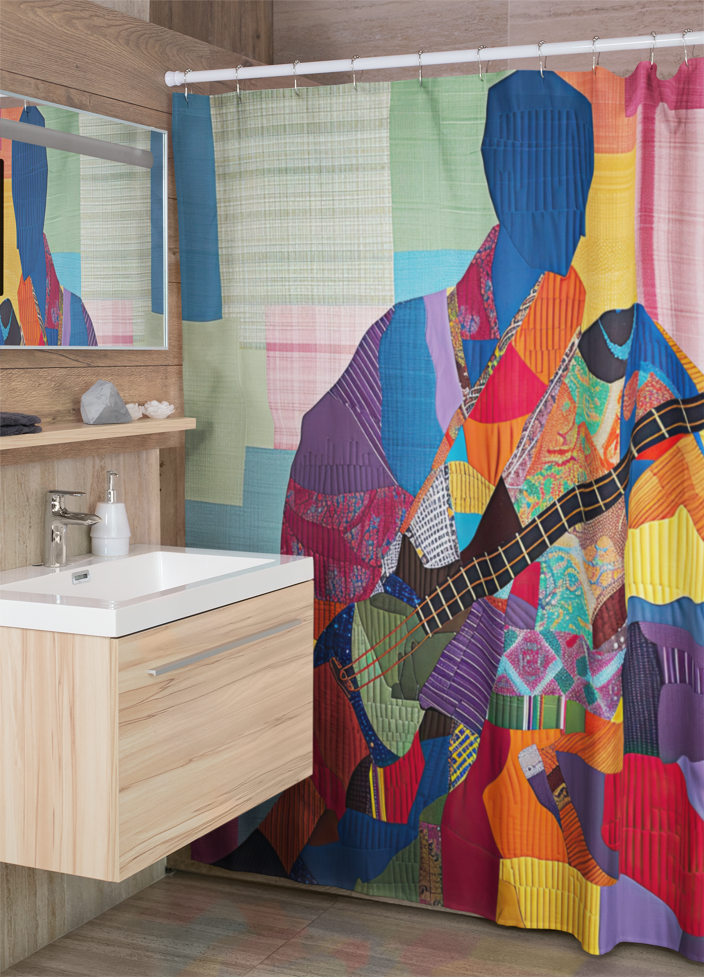 Colorful Patchwork Guitarist Shower Curtain