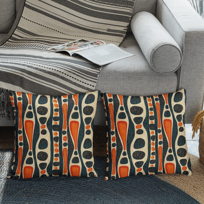 Decorative pillows with a geometric mudcloth pattern on a gray sofa.