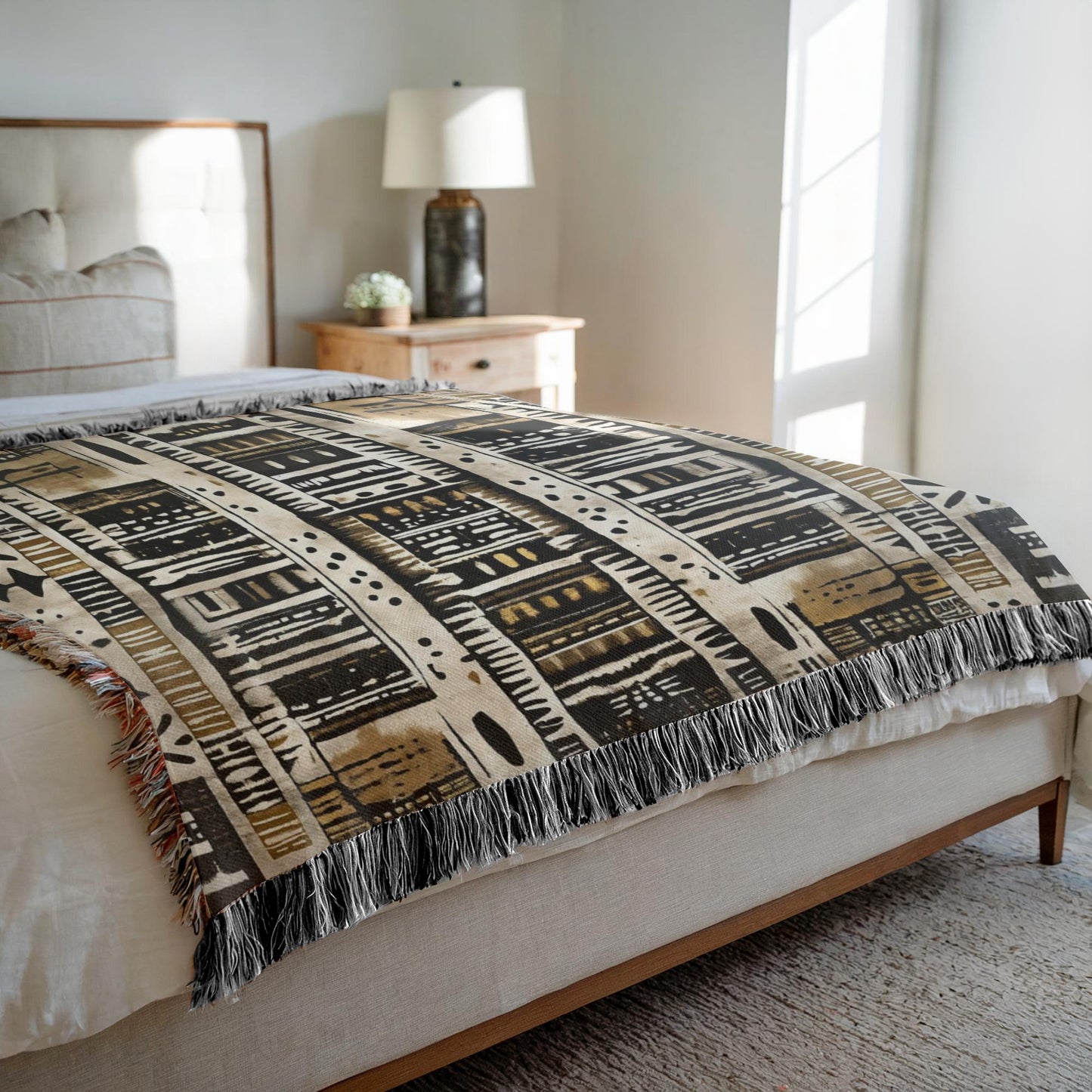 Patterned throw blanket on a bed in a bedroom setting