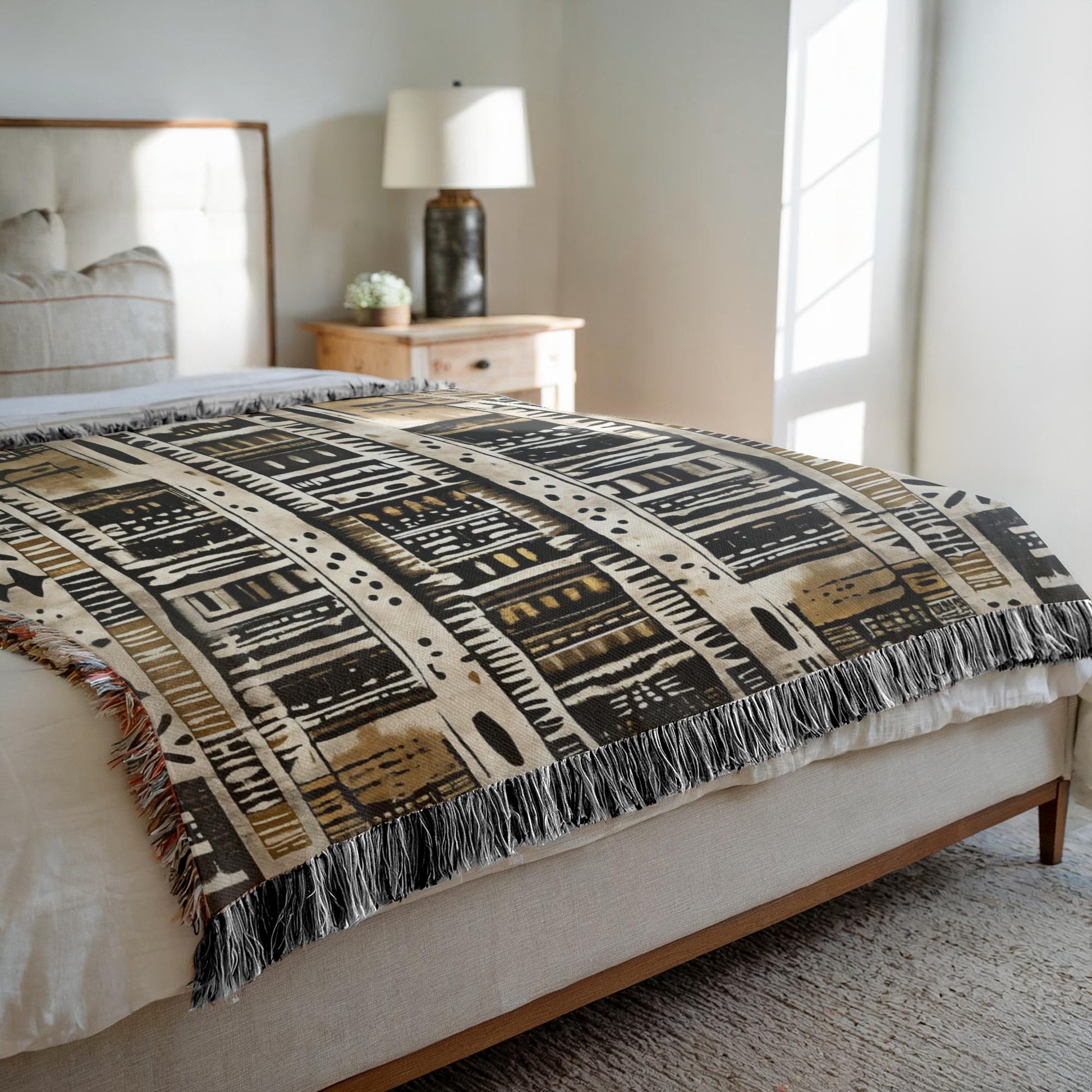 Patterned throw blanket on a bed in a bedroom setting