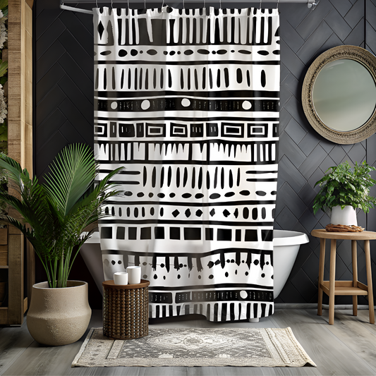 Black and White Mud Cloth Print Shower Curtain