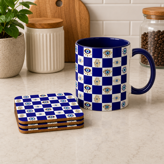 Blue checkered evil eye coaster set video