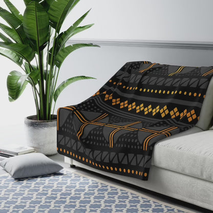 Black Gold Mudcloth Sherpa Blanket