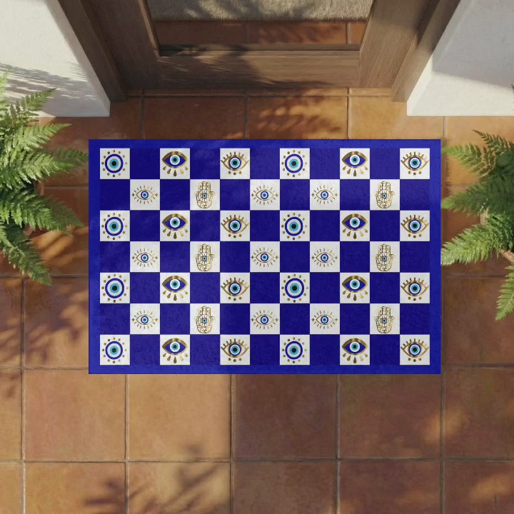 Blue evil eye doormat video
