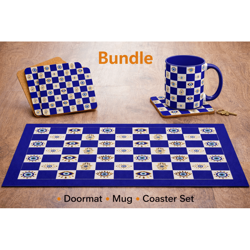 Spiritual Morning Protection Set | Evil Eye Doormat Mug Coaster Bundle - SANKTUARI DECOR