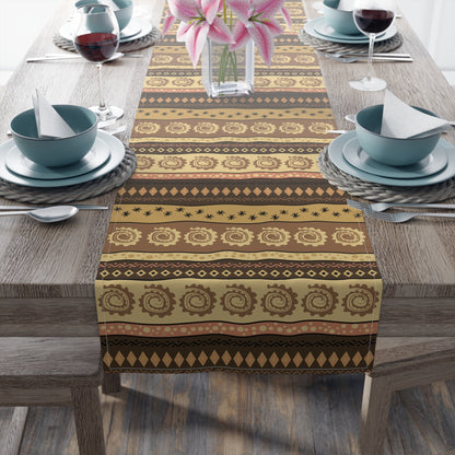 African mudcloth table runner with geometric tribal design for dining décor.