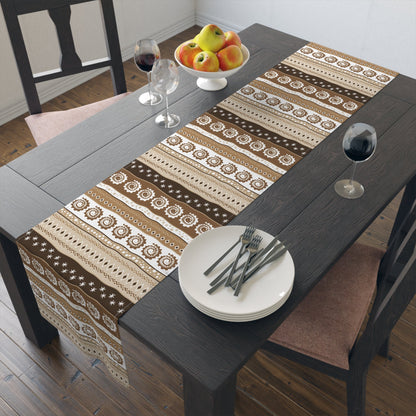 Bohemian table runner featuring spiritual and ethnic patterns in earthy tones.