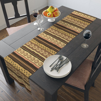 Bohemian table runner featuring spiritual and ethnic patterns in earthy tones.