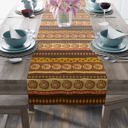 Cultural dining linens including African print napkins, placemats, and table runners.