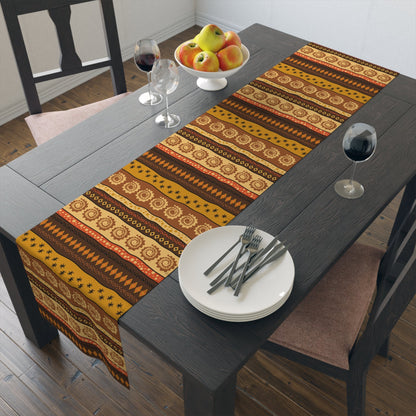 Cultural dining linens including African print napkins, placemats, and table runners.
