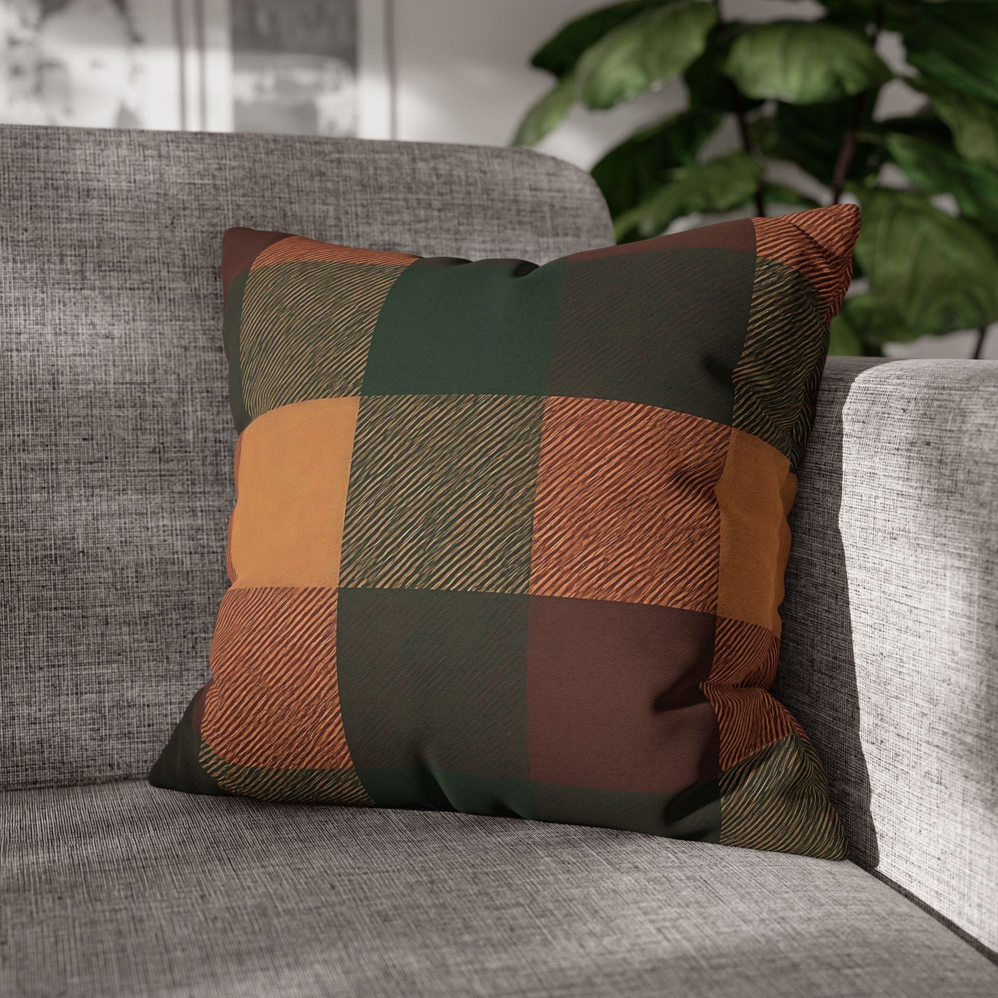 Tartan Plaid pillow on a gray sofa with a blurred plant in the background