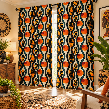 A pair of long window curtains hanging in a styled living room. The curtains feature a bold retro wave pattern in orange, yellow, black, and dark teal on a cream background.