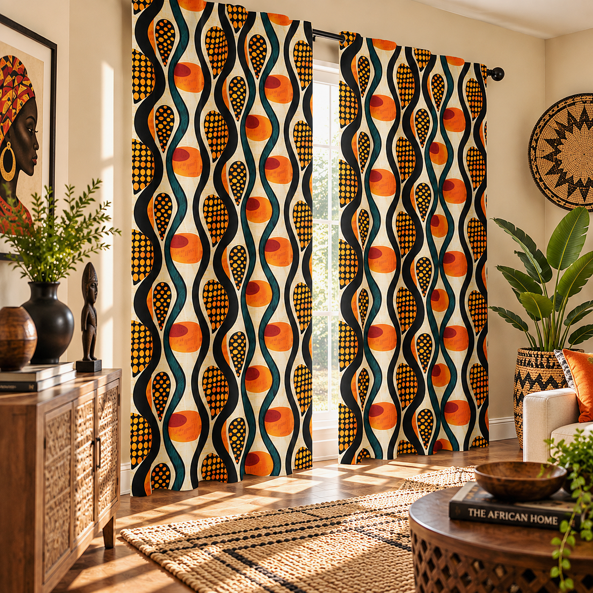 A pair of grommet-top curtains hanging in a window inside a styled living room. The curtains feature a bold, retro-inspired African-inspired pattern with vertical wavy lines containing orange circles, yellow-and-black checkered motifs, and dark teal accents on a cream background.