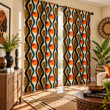 A pair of grommet-top curtains hanging in a window inside a styled living room. The curtains feature a bold, retro-inspired African-inspired pattern with vertical wavy lines containing orange circles, yellow-and-black checkered motifs, and dark teal accents on a cream background.