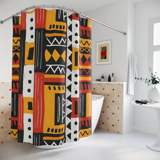 Shower curtain with geometric pattern in a bathroom setting