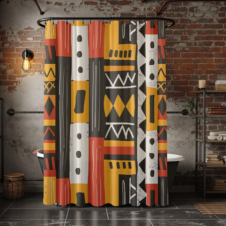 Colorful patterned shower curtain in a bathroom with brick wall and bathtub.