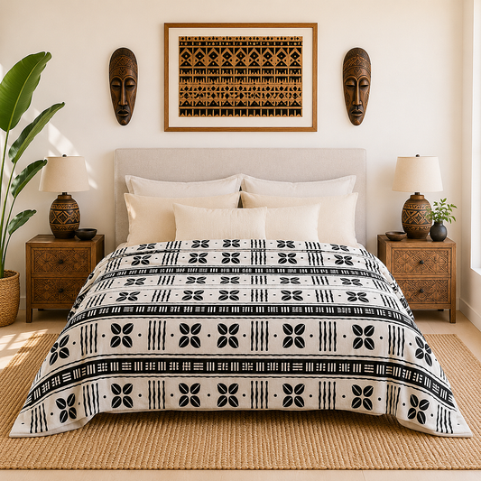 A bed dressed in a black and white geometric patterned comforter, styled in a warm, bohemian bedroom with wooden nightstands, lamps, masks, and wall art.