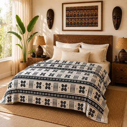 A styled bedroom scene with a bed dressed in a cream and black patterned quilt or comforter, surrounded by matching pillows. The room includes wooden furniture, lamps, wall masks, a framed artwork, and a large potted plant near a window.